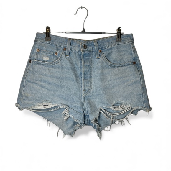 2021 Levi's 501 Distressed Daisy Duke Denim Blue Jean Shorts Cutoff Premium - Picture 1 of 7
